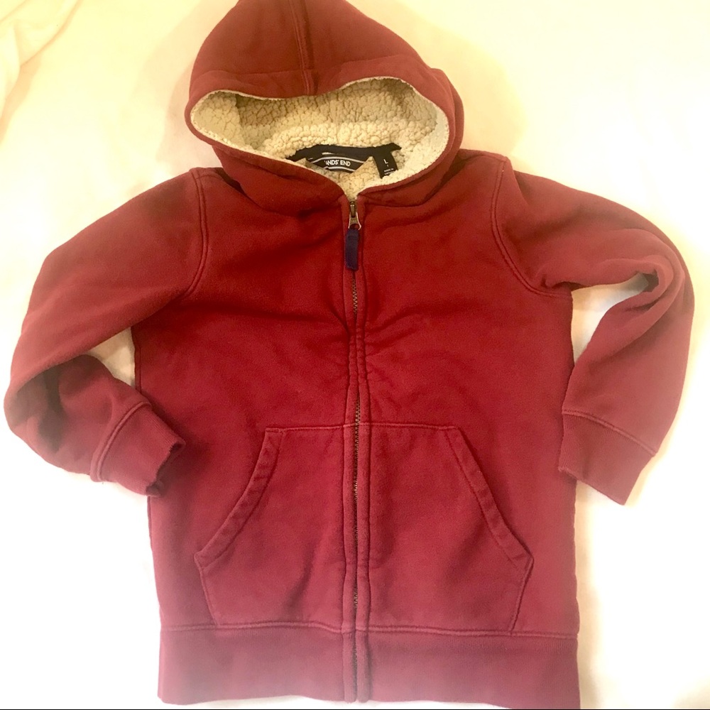Lands’ End Sherpa hoodie with pockets, red, sz Lg